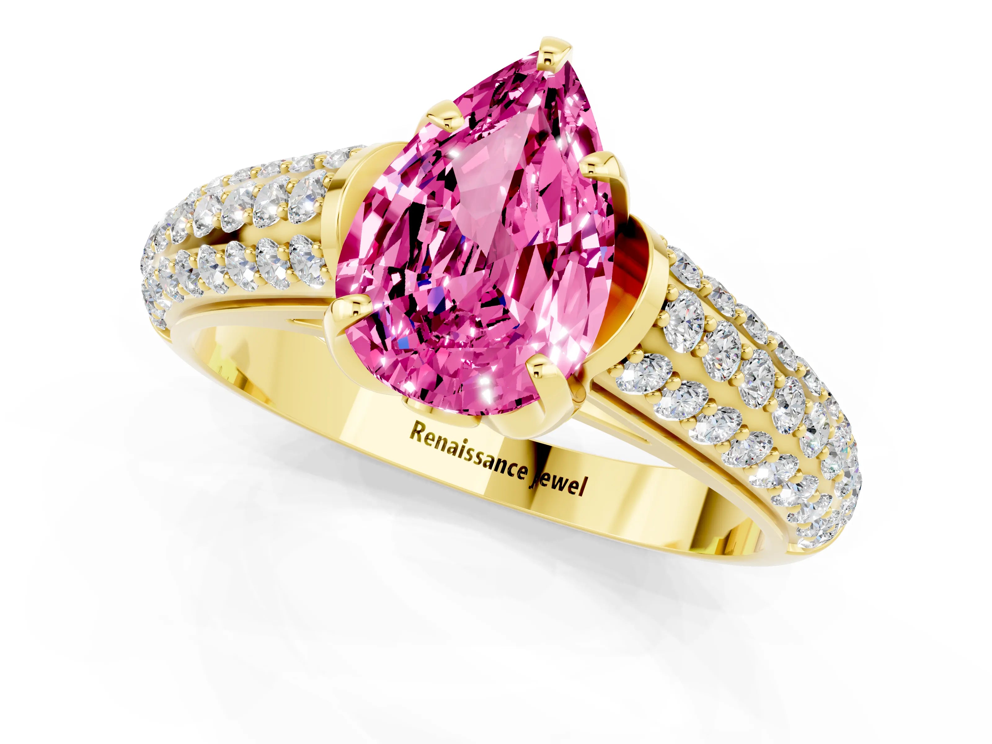 Yellow gold Pear Cut Pink Sapphire Solitaire Ring with Three-Row Pavé Band and Four-Prong Setting_13
