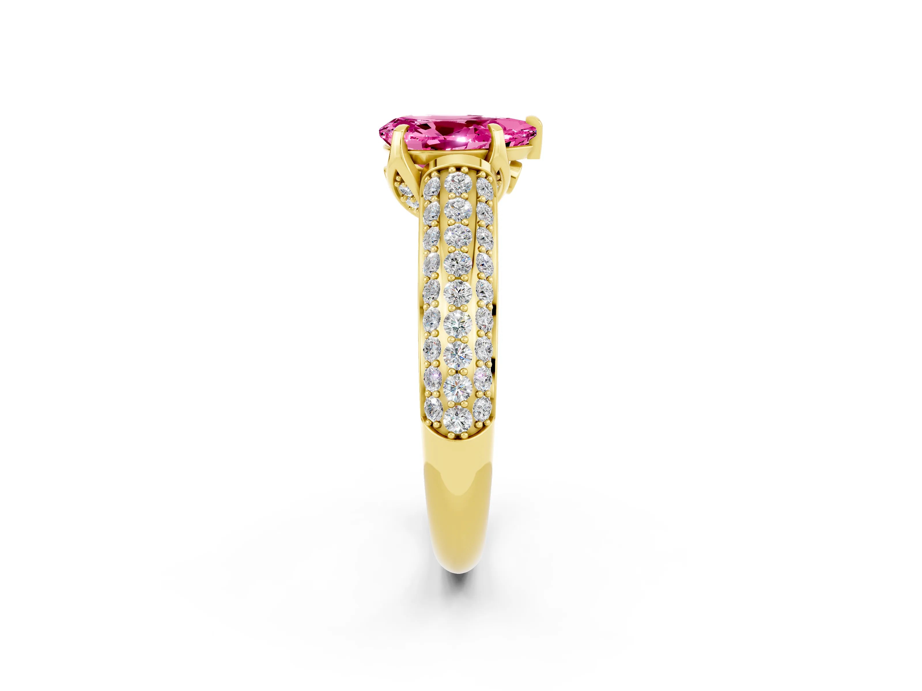 Yellow gold Pear Cut Pink Sapphire Solitaire Ring with Three-Row Pavé Band and Four-Prong Setting_14