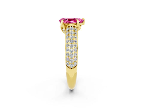 Yellow gold Pear Cut Pink Sapphire Solitaire Ring with Three-Row Pavé Band and Four-Prong Setting_14
