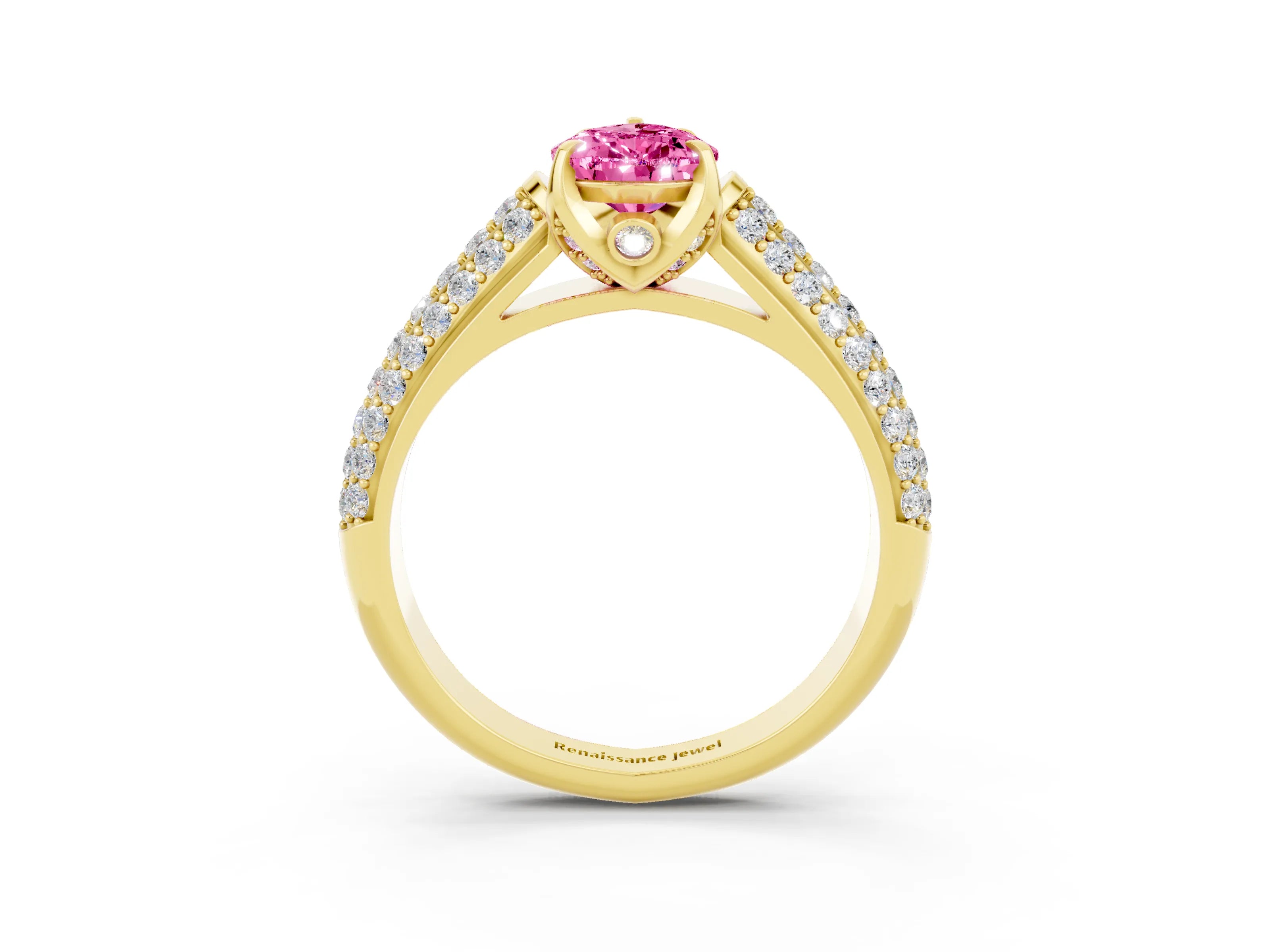 Yellow gold Pear Cut Pink Sapphire Solitaire Ring with Three-Row Pavé Band and Four-Prong Setting_15