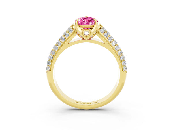 Yellow gold Pear Cut Pink Sapphire Solitaire Ring with Three-Row Pavé Band and Four-Prong Setting