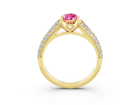 Yellow gold Pear Cut Pink Sapphire Solitaire Ring with Three-Row Pavé Band and Four-Prong Setting_15
