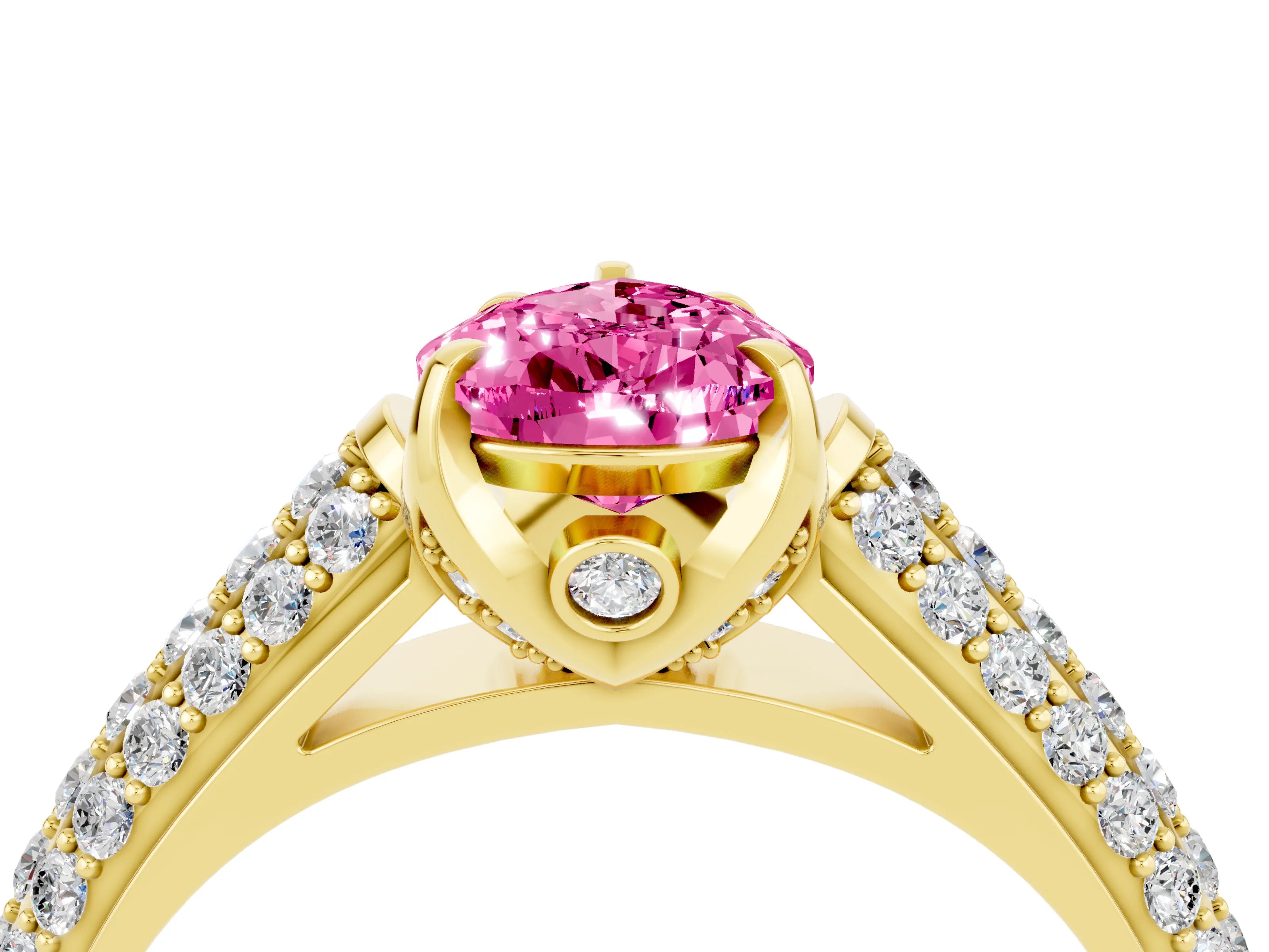 Yellow gold Pear Cut Pink Sapphire Solitaire Ring with Three-Row Pavé Band and Four-Prong Setting_16