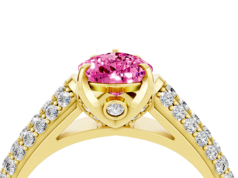 Yellow gold Pear Cut Pink Sapphire Solitaire Ring with Three-Row Pavé Band and Four-Prong Setting_16