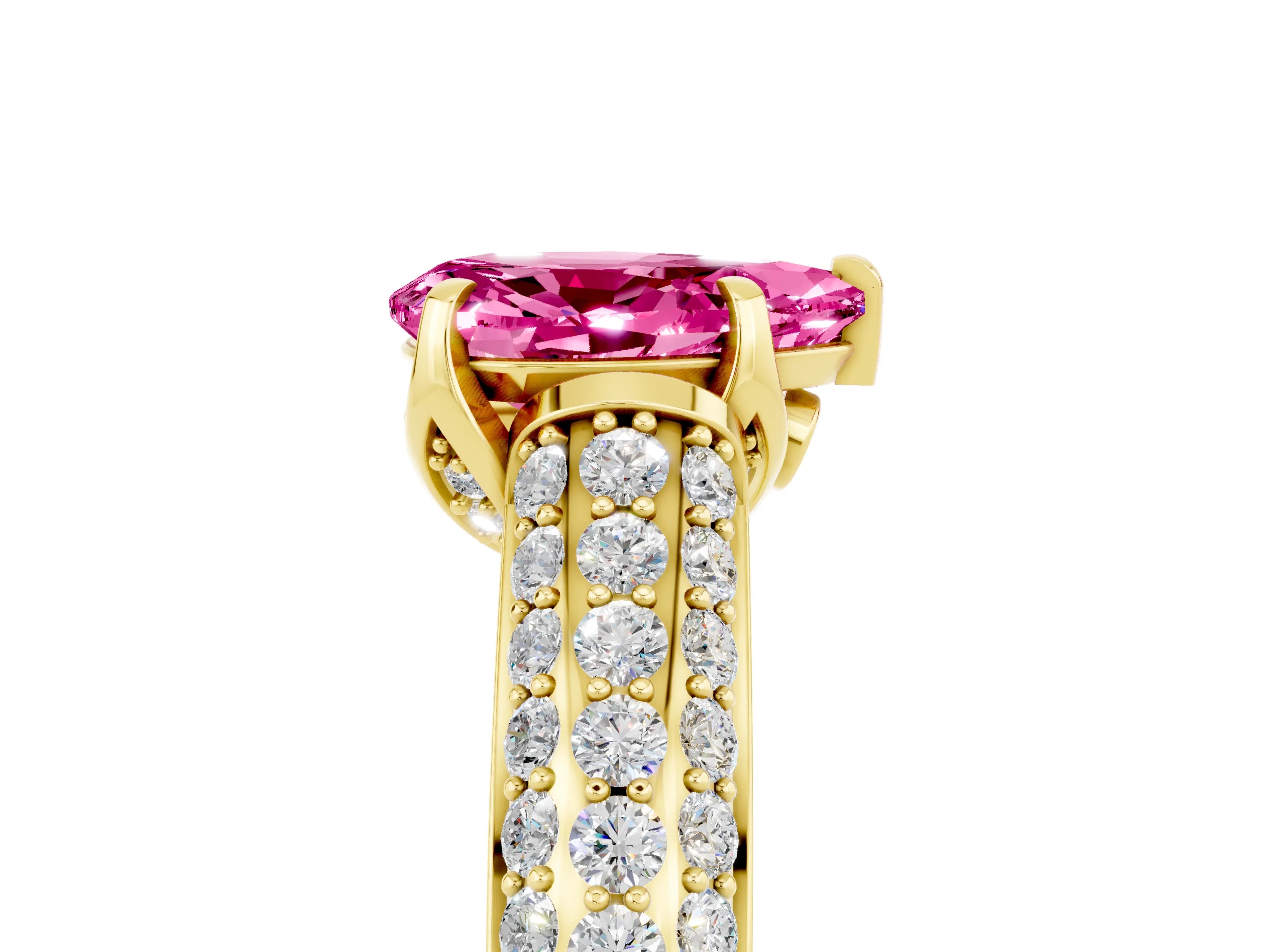 Yellow gold Pear Cut Pink Sapphire Solitaire Ring with Three-Row Pavé Band and Four-Prong Setting_17