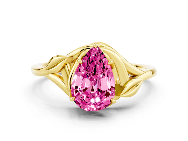 Yellow gold Pear Cut Pink Sapphire Solitaire Ring with Twist Band and Four-Prong Setting