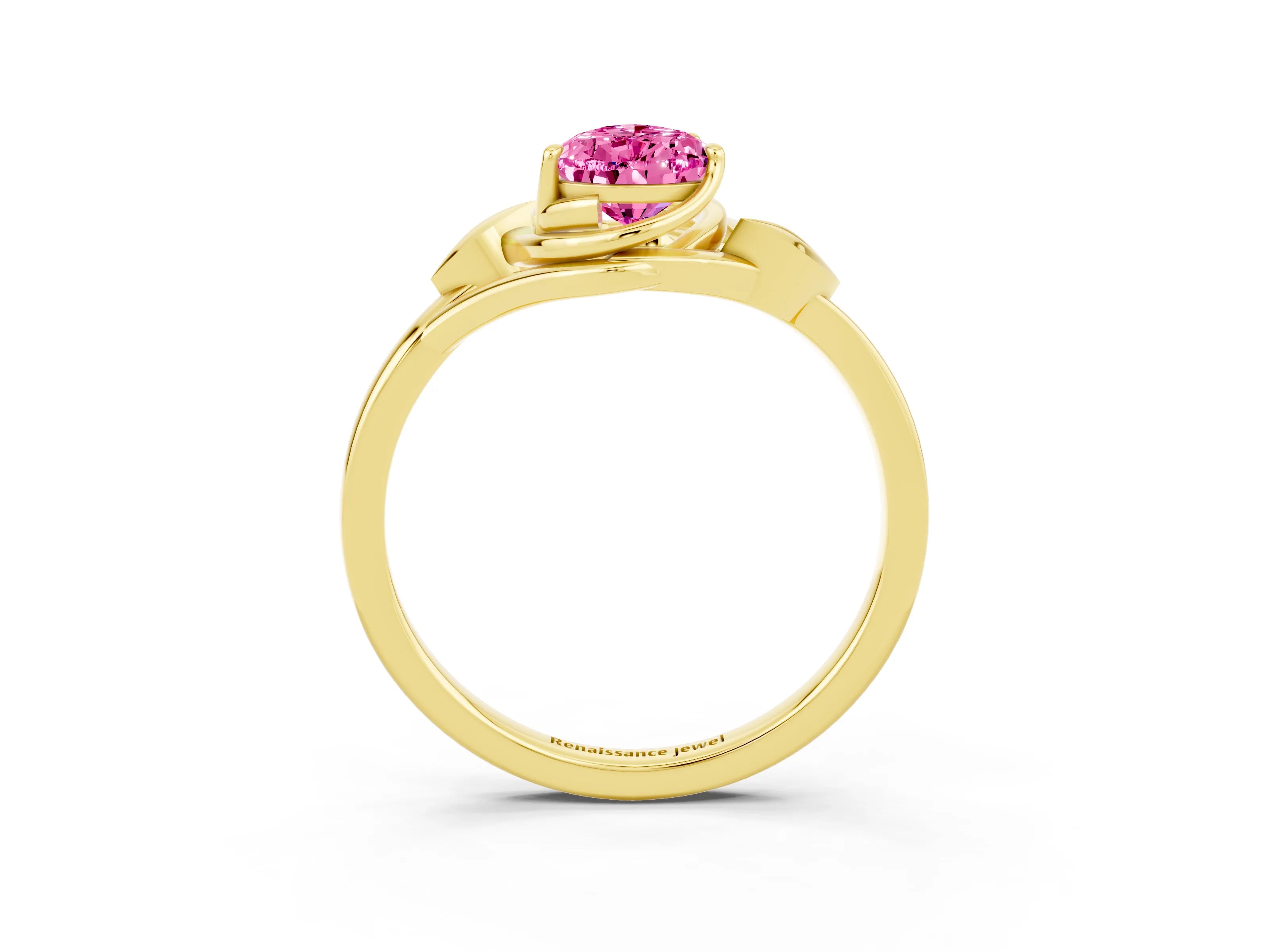 Yellow gold Pear Cut Pink Sapphire Solitaire Ring with Twist Band and Four-Prong Setting_27