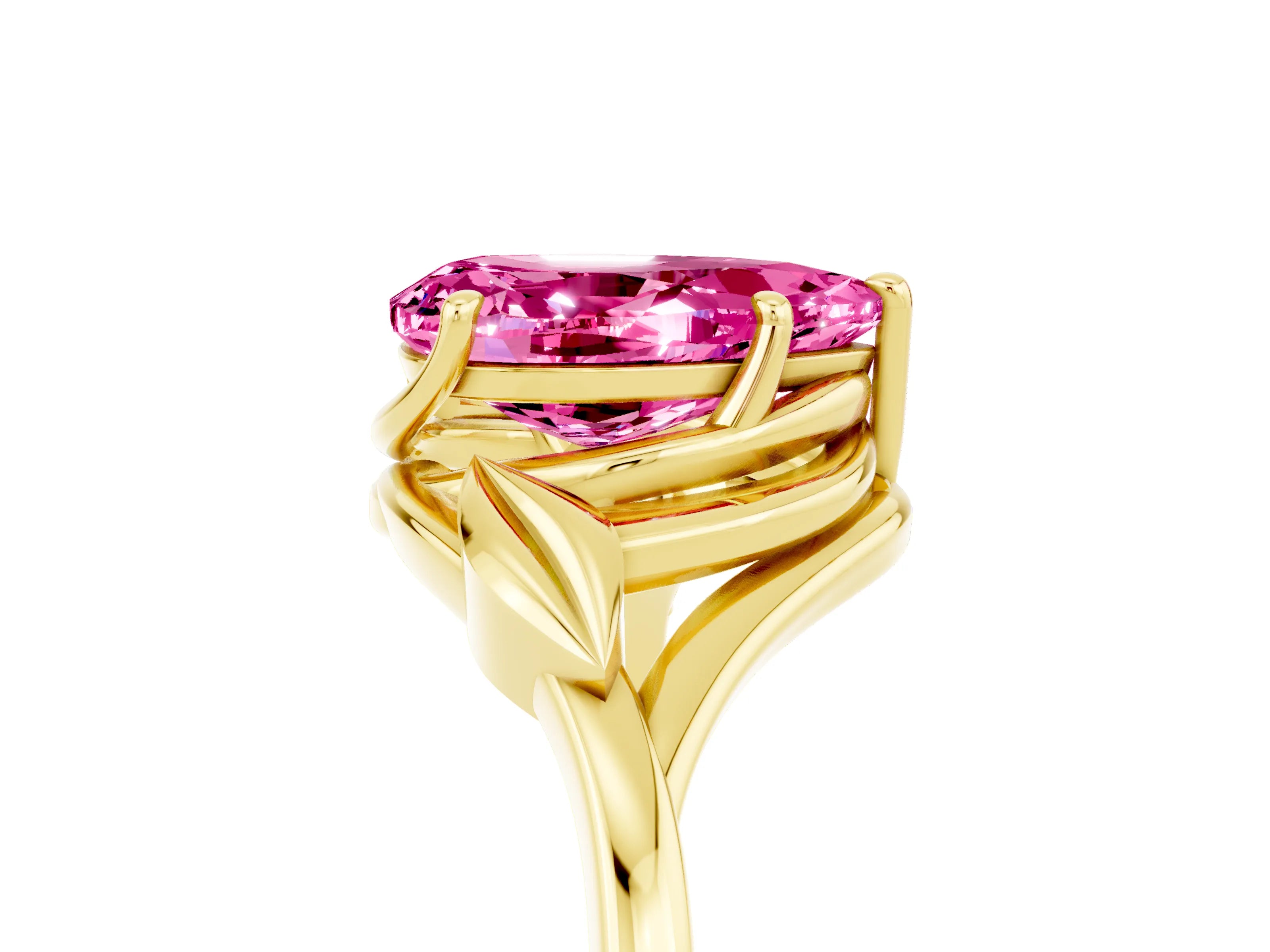 Yellow gold Pear Cut Pink Sapphire Solitaire Ring with Twist Band and Four-Prong Setting_29