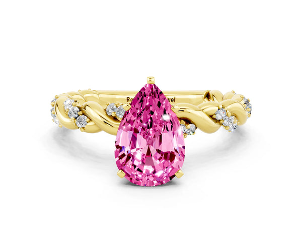 Yellow gold Pear Cut Pink Sapphire Solitaire Ring with Twisted Band and Pavé Accents