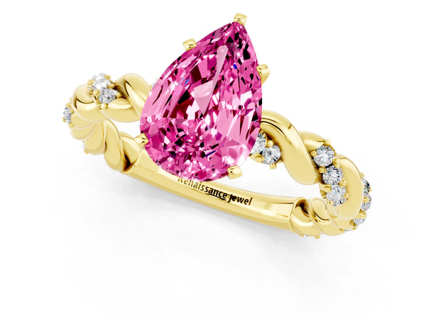 Yellow gold Pear Cut Pink Sapphire Solitaire Ring with Twisted Band and Pavé Accents