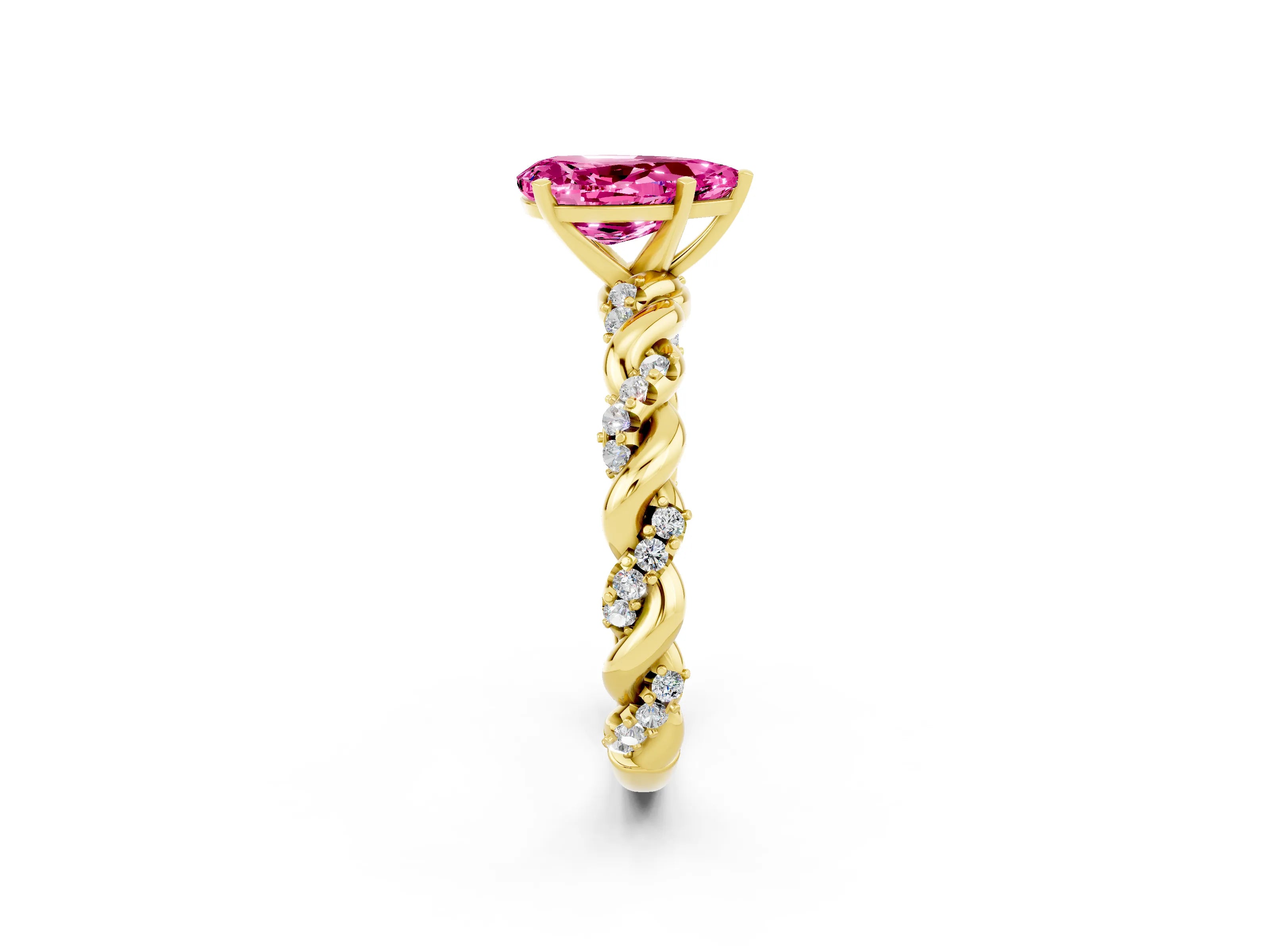 Yellow gold Pear Cut Pink Sapphire Solitaire Ring with Twisted Band and Pavé Accents_2