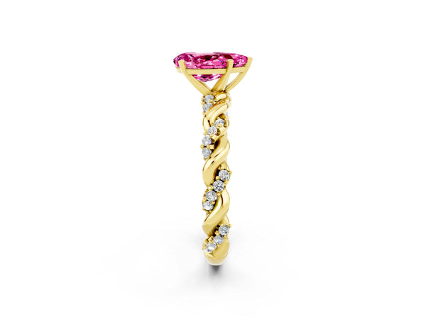 Yellow gold Pear Cut Pink Sapphire Solitaire Ring with Twisted Band and Pavé Accents