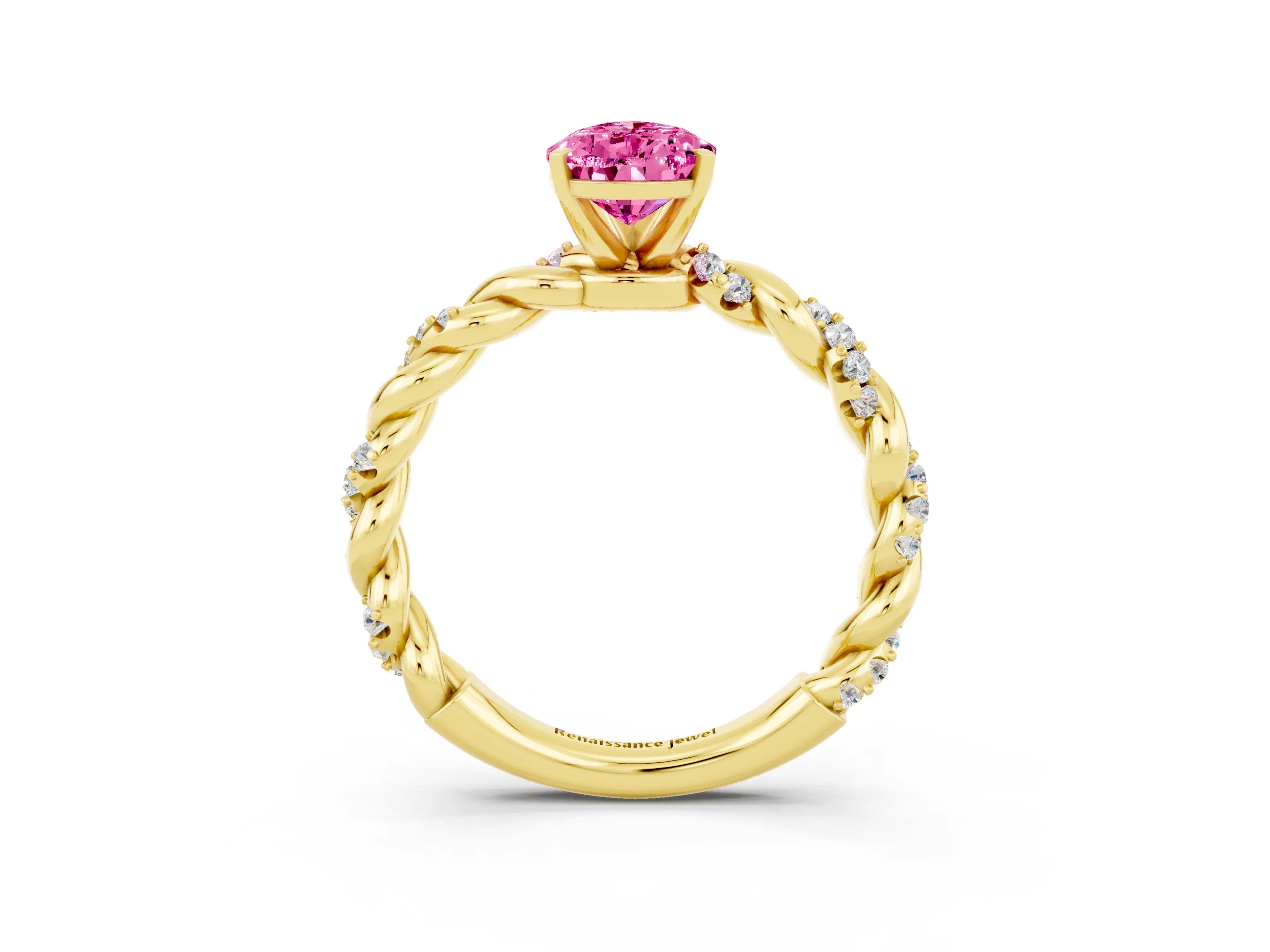 Yellow gold Pear Cut Pink Sapphire Solitaire Ring with Twisted Band and Pavé Accents_3