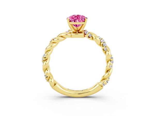 Yellow gold Pear Cut Pink Sapphire Solitaire Ring with Twisted Band and Pavé Accents