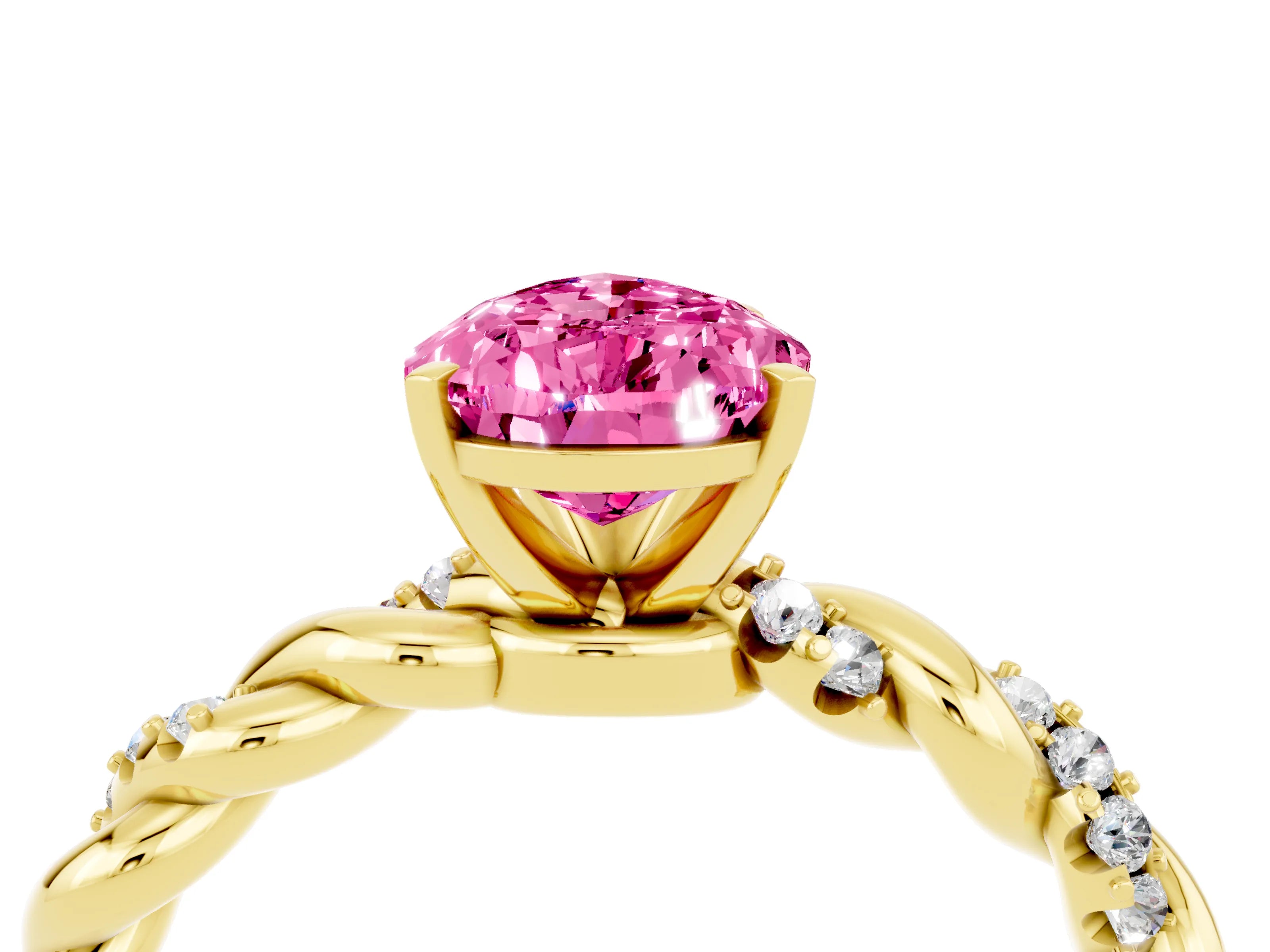 Yellow gold Pear Cut Pink Sapphire Solitaire Ring with Twisted Band and Pavé Accents_4