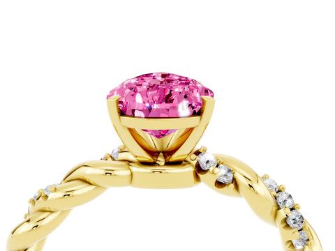 Yellow gold Pear Cut Pink Sapphire Solitaire Ring with Twisted Band and Pavé Accents_4