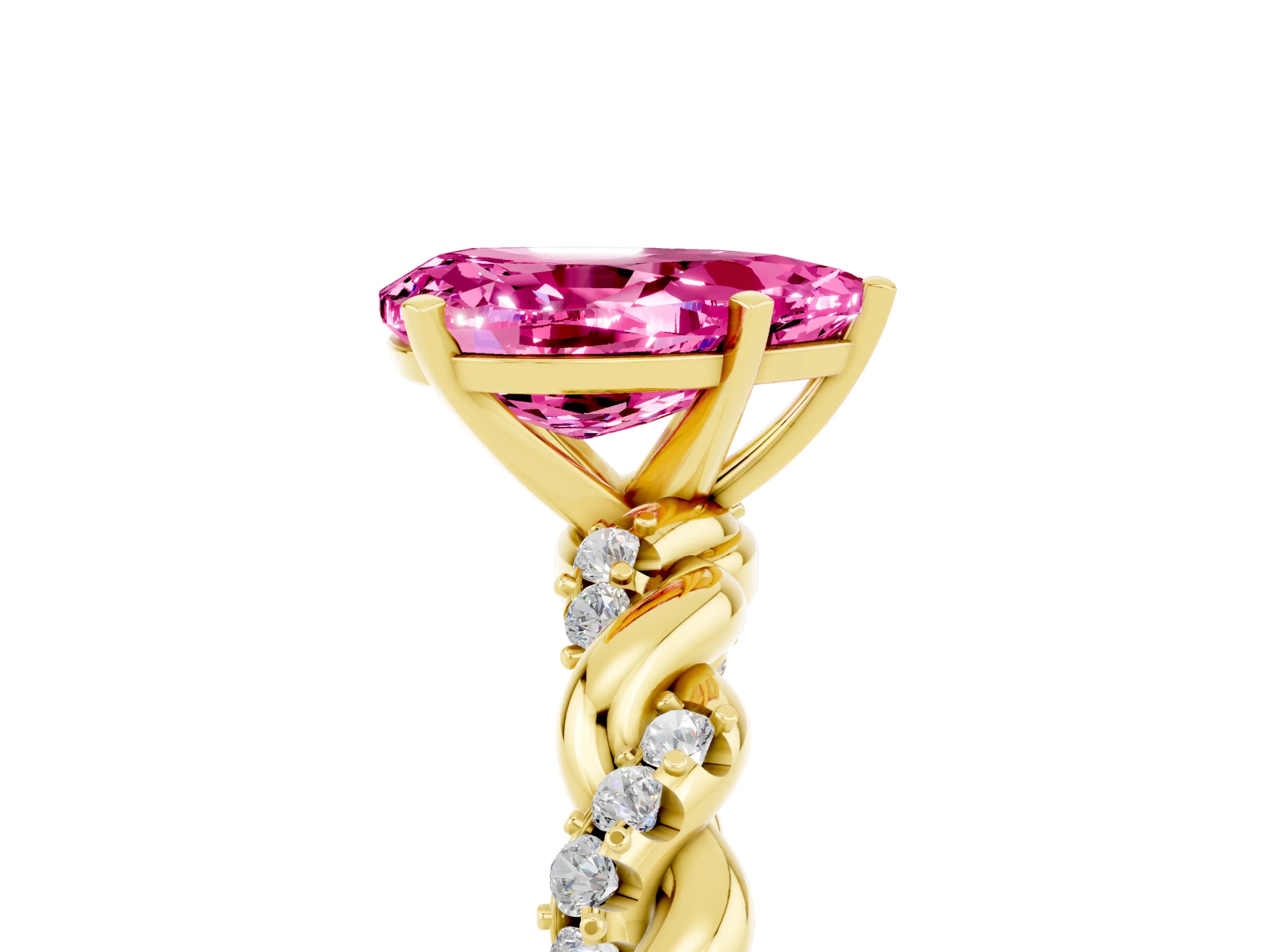 Yellow gold Pear Cut Pink Sapphire Solitaire Ring with Twisted Band and Pavé Accents_5