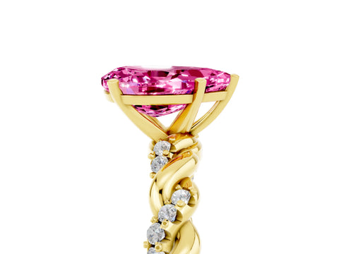 Yellow gold Pear Cut Pink Sapphire Solitaire Ring with Twisted Band and Pavé Accents_5
