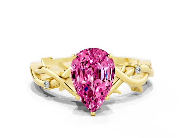 Yellow gold Pear Cut Pink Sapphire Solitaire Ring with Twisted Band and Prong Setting