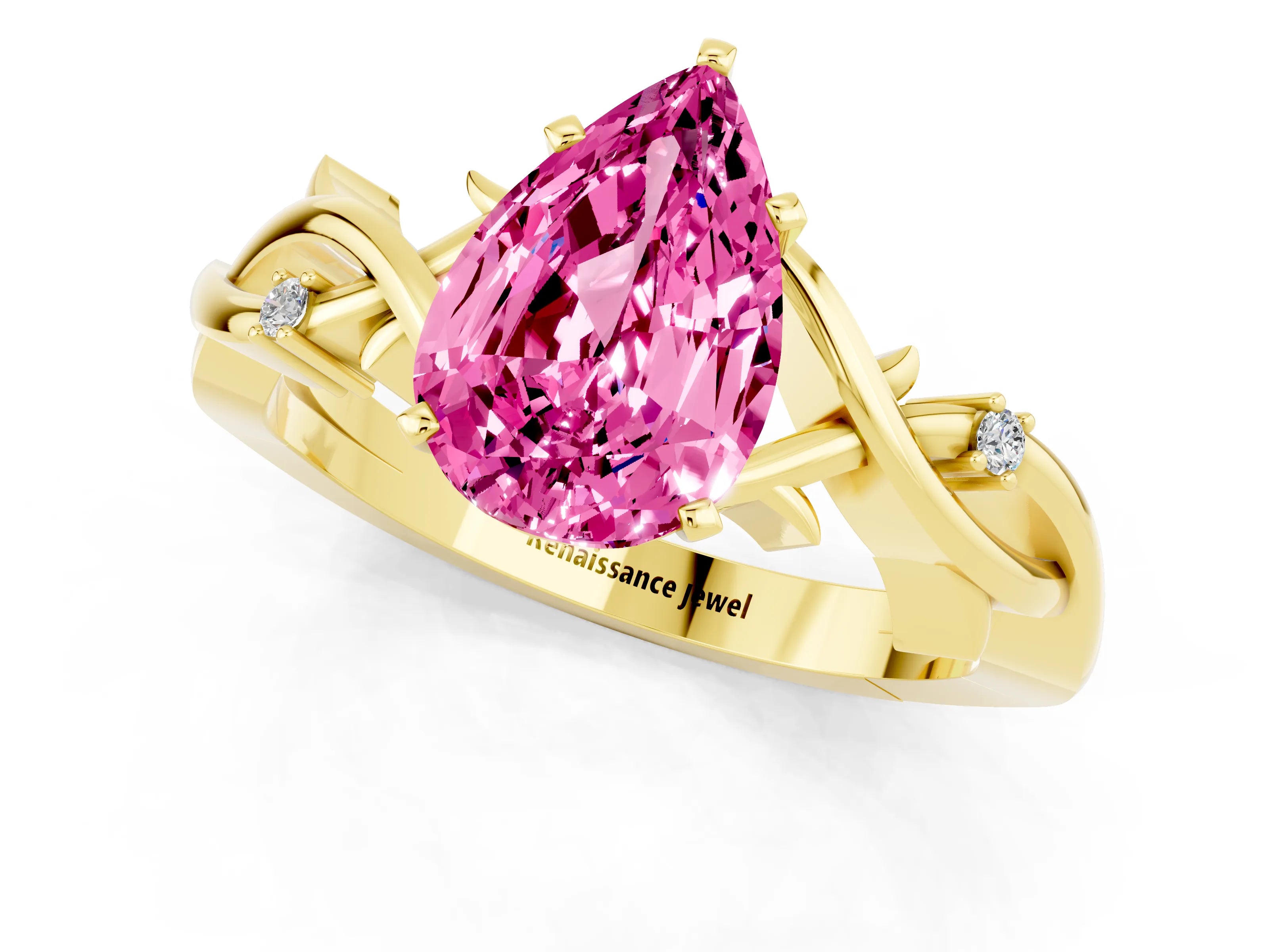 Yellow gold Pear Cut Pink Sapphire Solitaire Ring with Twisted Band and Prong Setting_1