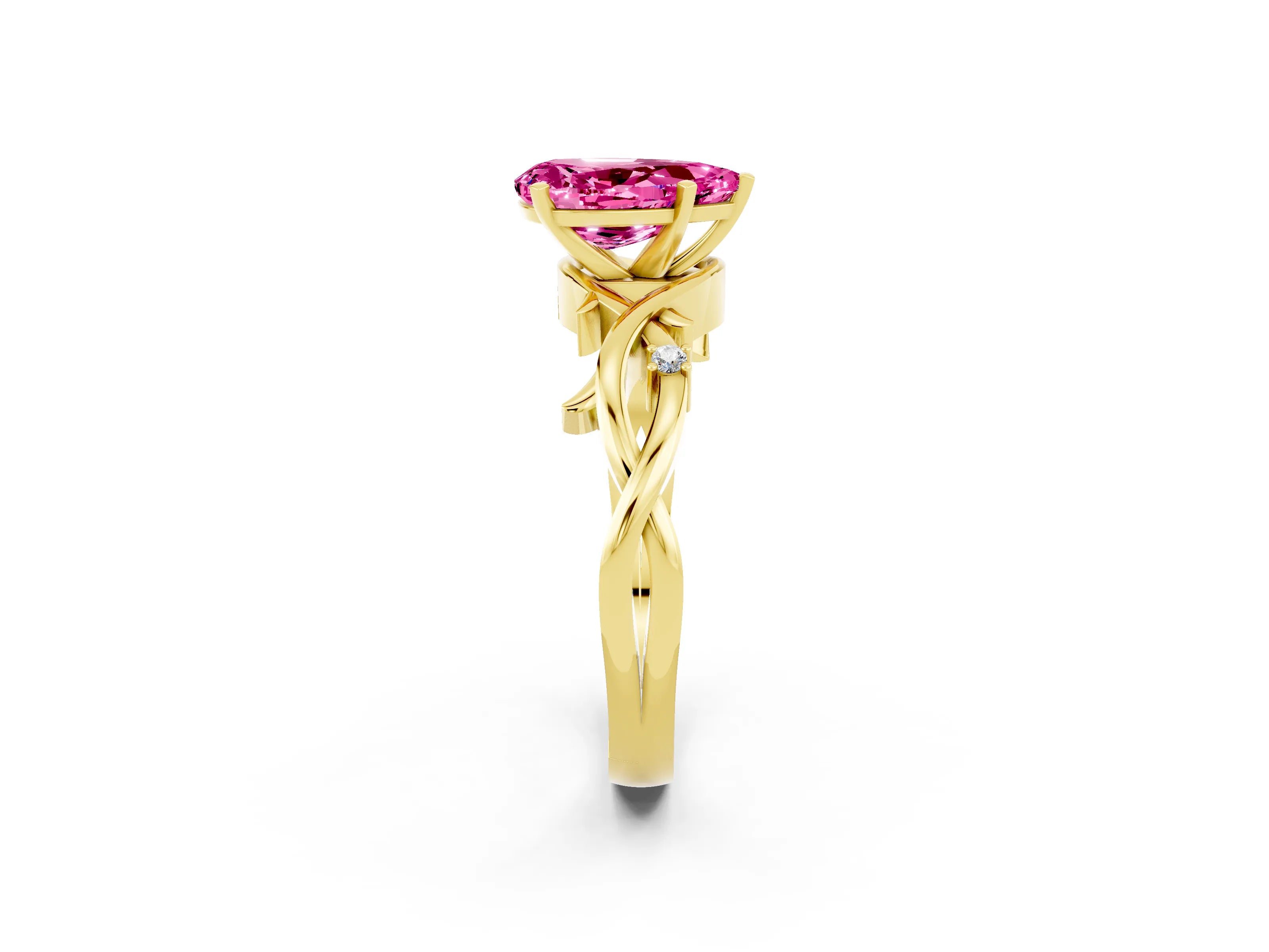 Yellow gold Pear Cut Pink Sapphire Solitaire Ring with Twisted Band and Prong Setting_2
