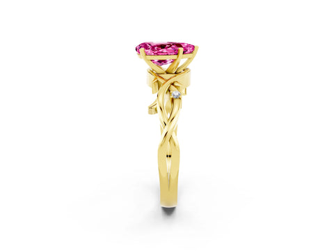 Yellow gold Pear Cut Pink Sapphire Solitaire Ring with Twisted Band and Prong Setting_2