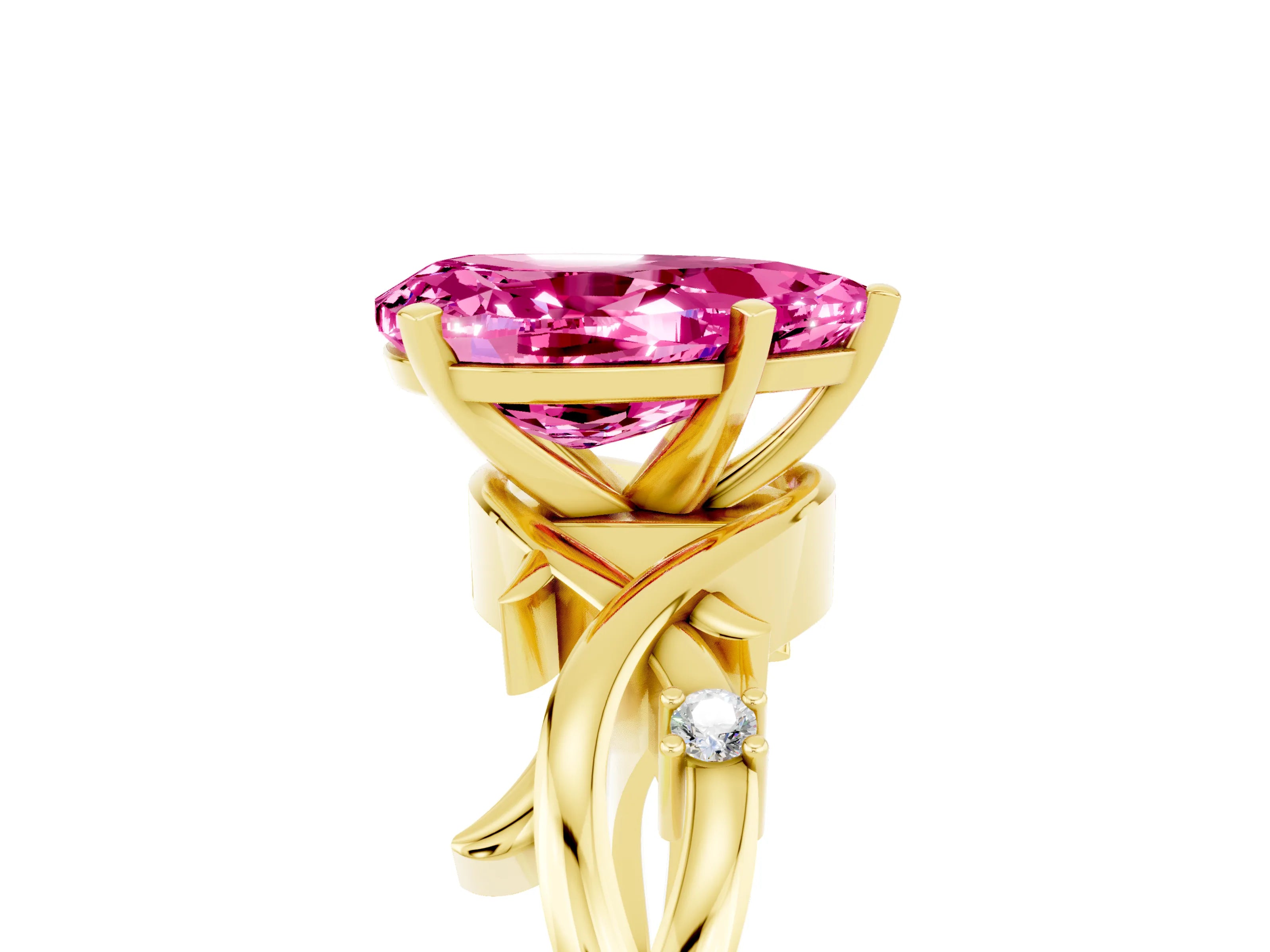 Yellow gold Pear Cut Pink Sapphire Solitaire Ring with Twisted Band and Prong Setting_5
