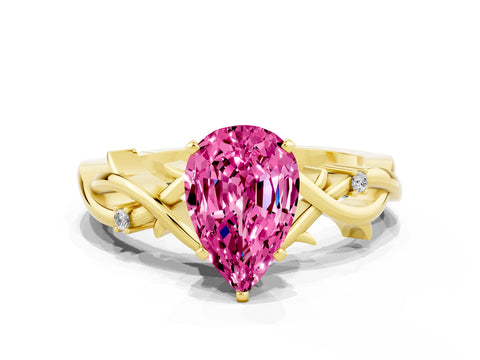 Yellow gold Pear Cut Pink Sapphire Solitaire Ring with Twisted Band and Prong Setting