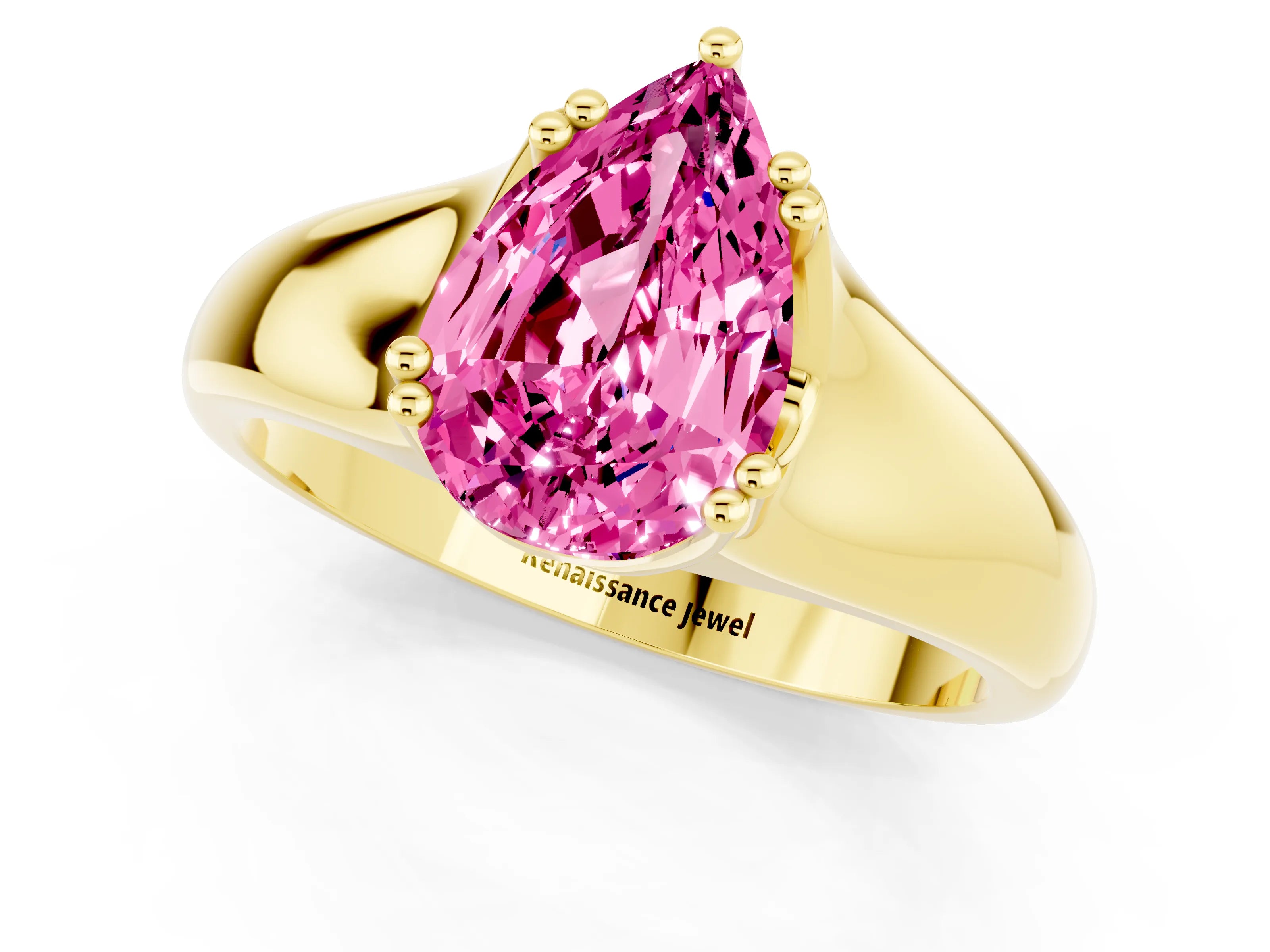 Yellow gold Pear Cut Pink Sapphire Solitaire Ring with Wide Band and Prong Setting_25