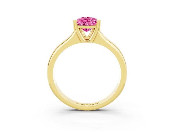 Yellow gold Pear Cut Pink Sapphire Solitaire Ring with Wide Band and Prong Setting