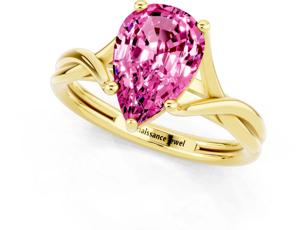 Yellow gold Pear Cut Pink Sapphire Solitaire Twist Band Prong Setting Ring