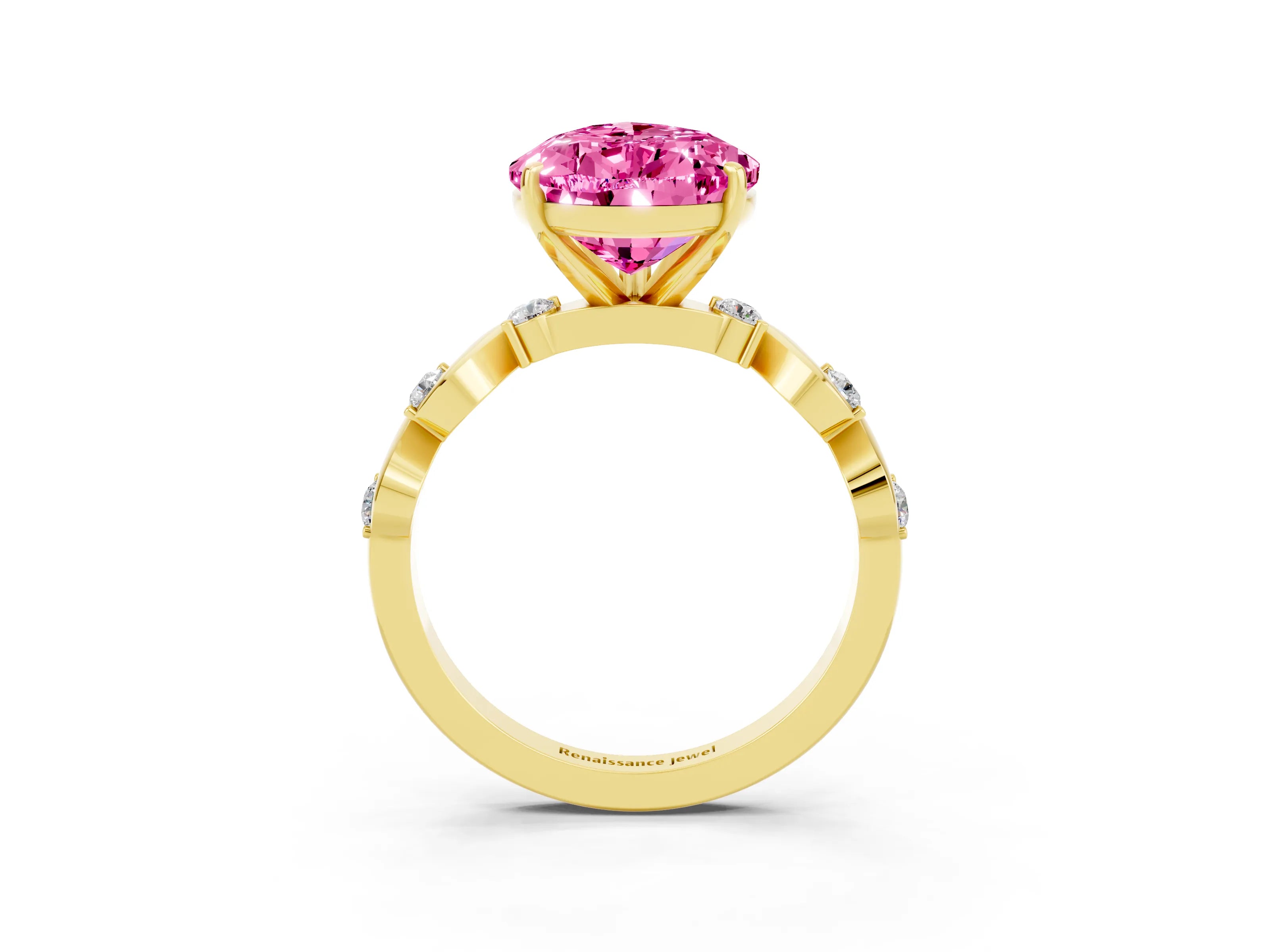Yellow gold Pear Cut Pink Sapphire Solitaire Twisted Band with Round  Accents and Prong Setting_15