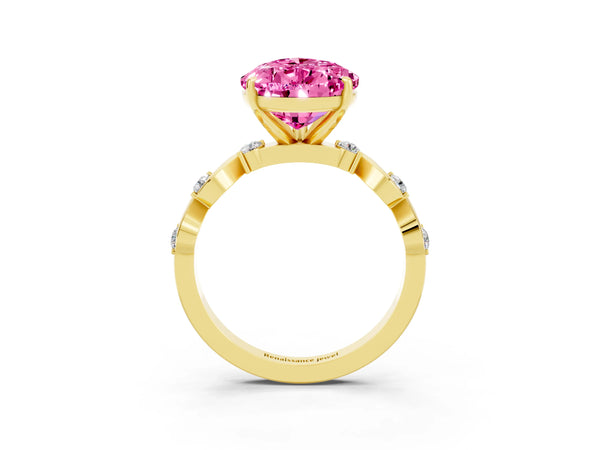 Yellow gold Pear Cut Pink Sapphire Solitaire Twisted Band with Round  Accents and Prong Setting