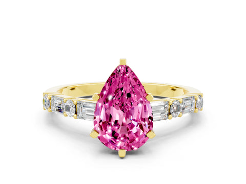 Yellow gold Pear Cut Pink Sapphire Solitaire with Side Baguettes and Channel Set Band_24