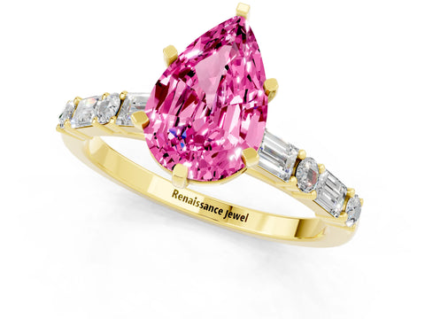 Yellow gold Pear Cut Pink Sapphire Solitaire with Side Baguettes and Channel Set Band_25