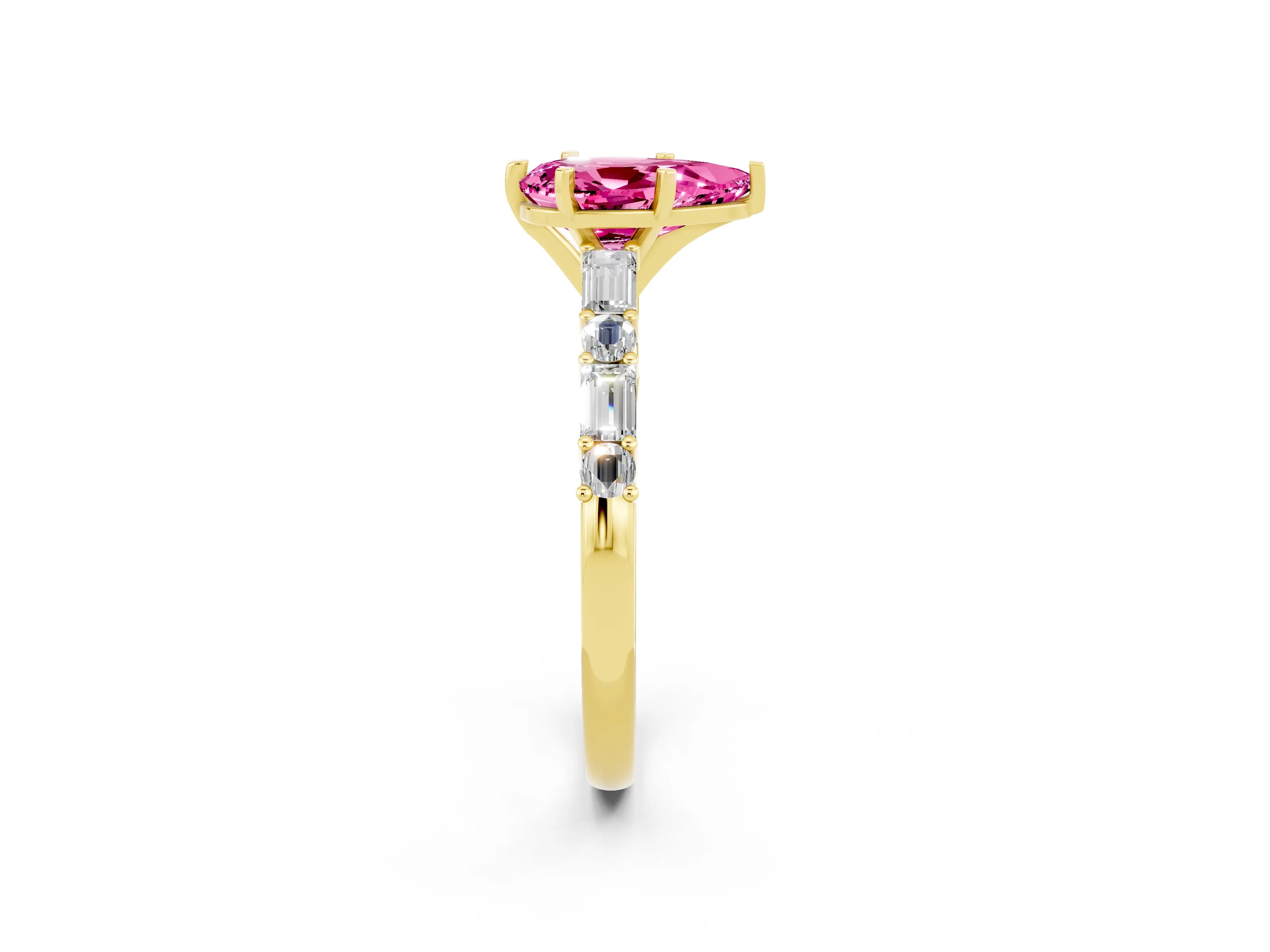 Yellow gold Pear Cut Pink Sapphire Solitaire with Side Baguettes and Channel Set Band_26