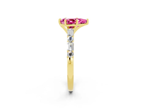 Yellow gold Pear Cut Pink Sapphire Solitaire with Side Baguettes and Channel Set Band_26