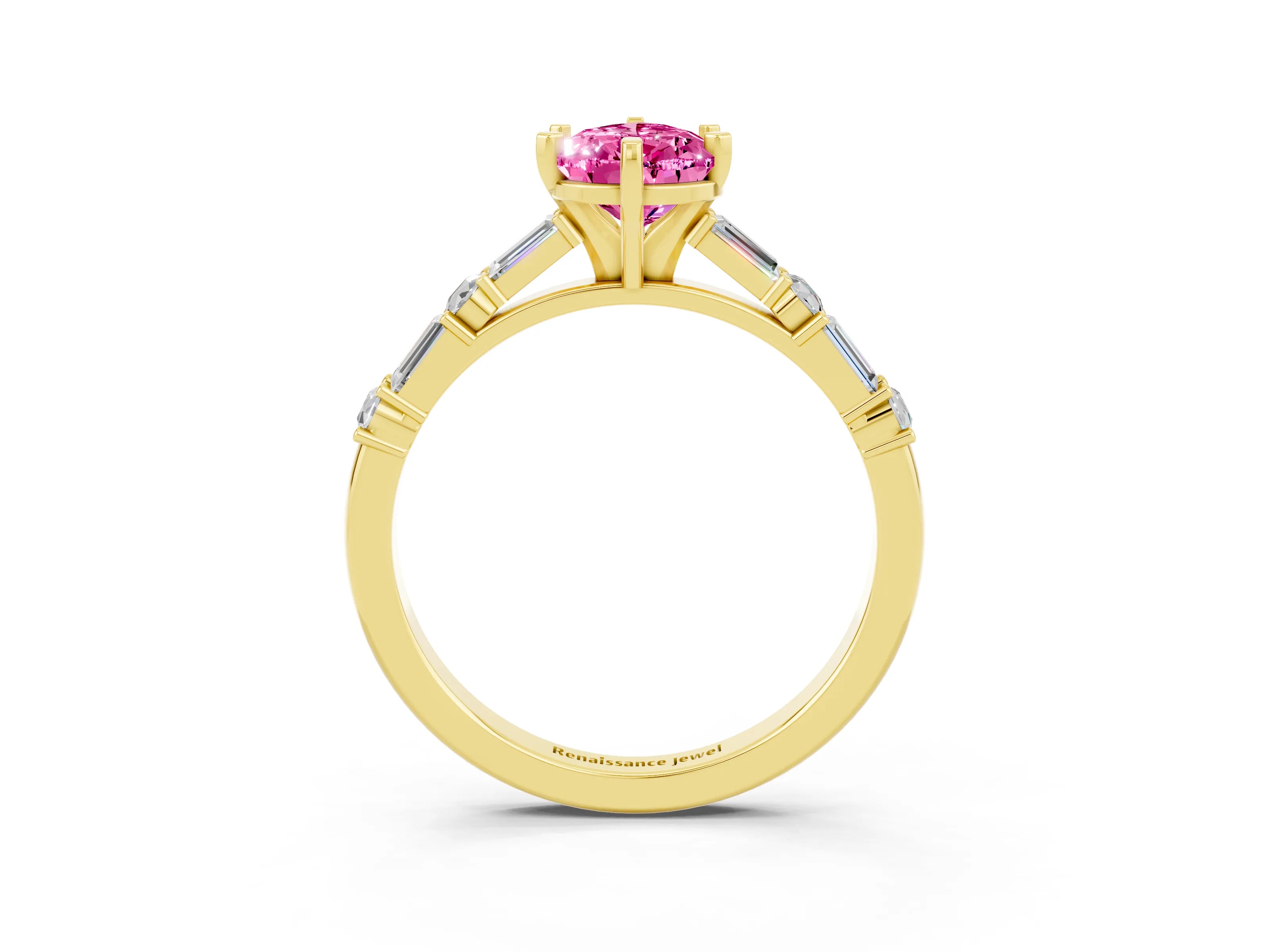 Yellow gold Pear Cut Pink Sapphire Solitaire with Side Baguettes and Channel Set Band_27