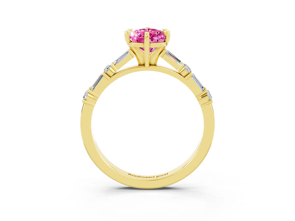 Yellow gold Pear Cut Pink Sapphire Solitaire with Side Baguettes and Channel Set Band