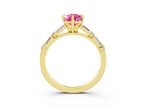 Yellow gold Pear Cut Pink Sapphire Solitaire with Side Baguettes and Channel Set Band_27