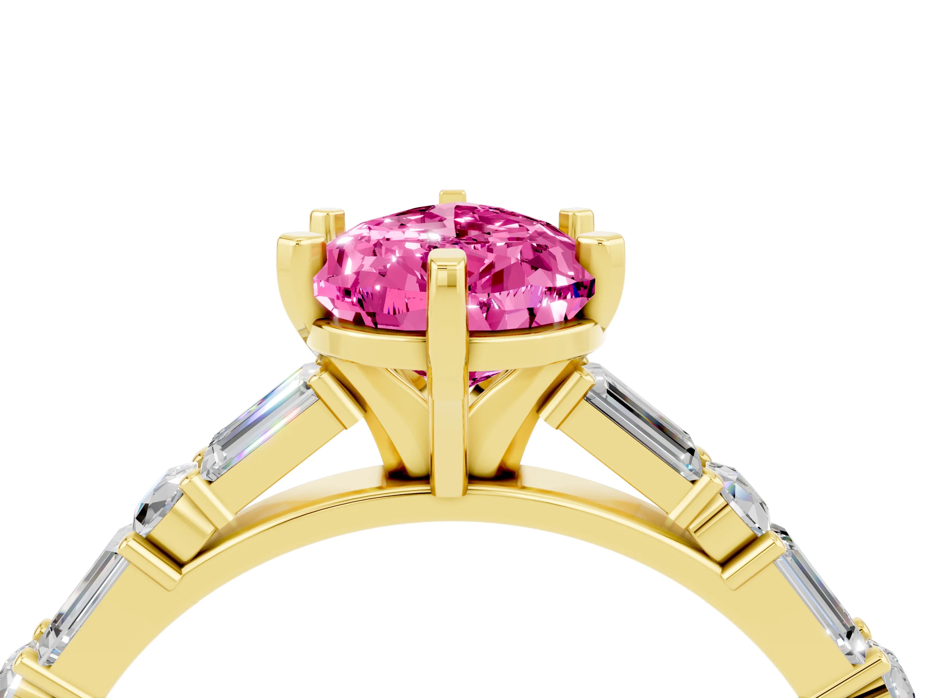 Yellow gold Pear Cut Pink Sapphire Solitaire with Side Baguettes and Channel Set Band_28