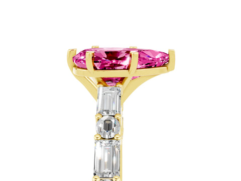 Yellow gold Pear Cut Pink Sapphire Solitaire with Side Baguettes and Channel Set Band_29