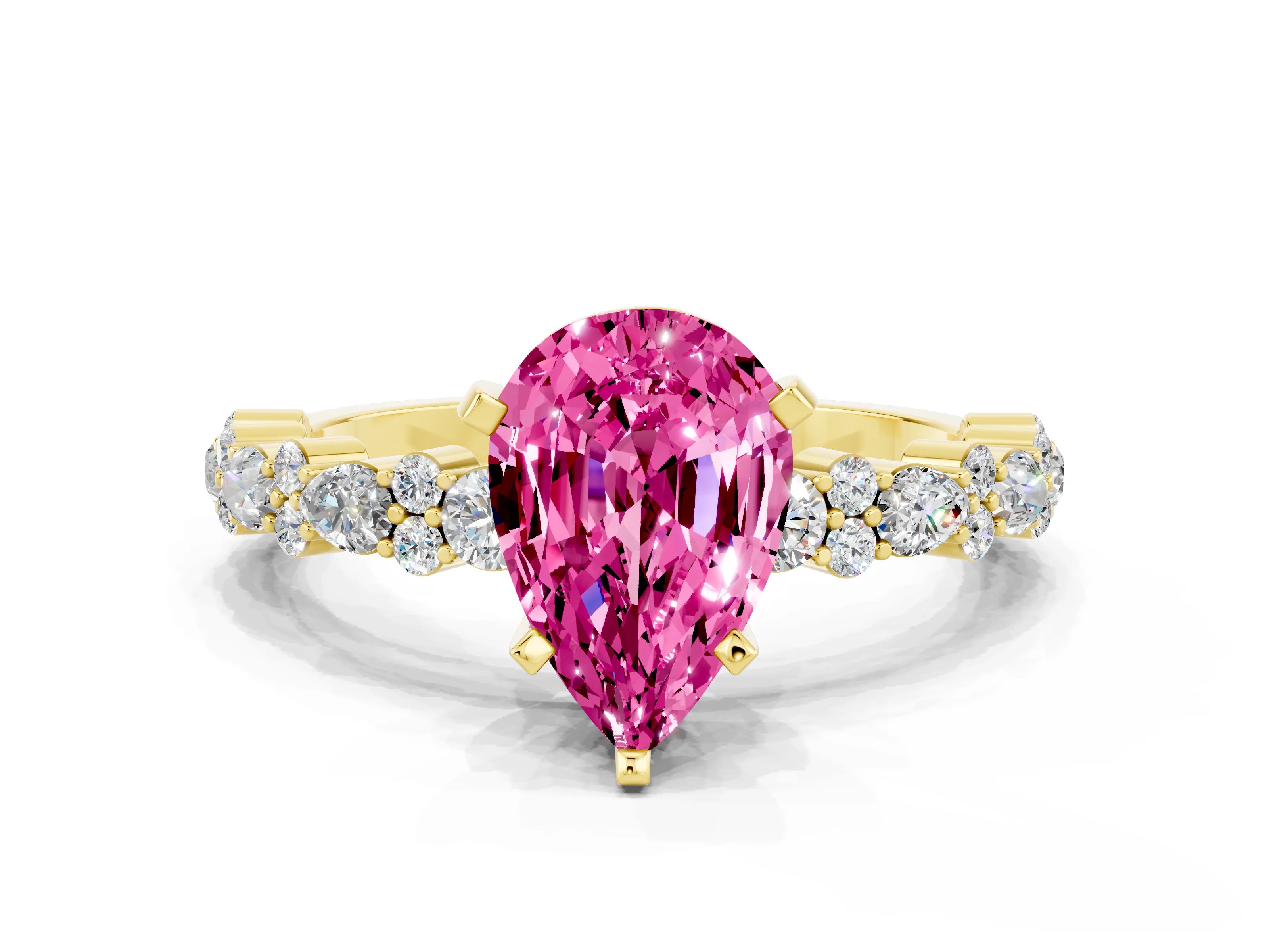 Yellow gold Pear Cut Pink Sapphire Solitaire with Side Stones, Pave Band, Four-Prong Setting_72