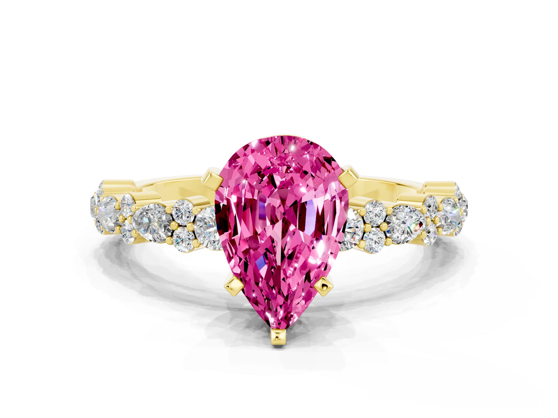 Yellow gold Pear Cut Pink Sapphire Solitaire with Side Stones, Pave Band, Four-Prong Setting_72