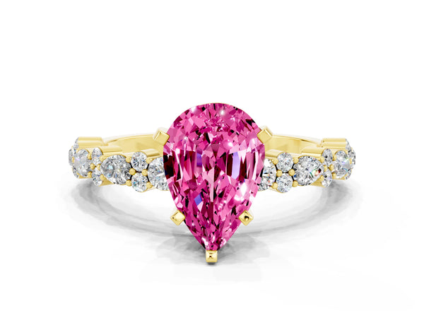 Yellow gold Pear Cut Pink Sapphire Side Stone Solitaire Ring with Round  and Four-Prong Setting