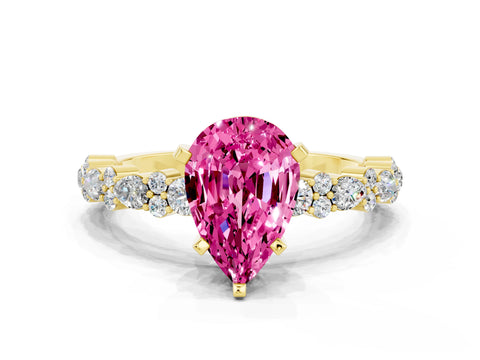 Yellow gold Pear Cut Pink Sapphire Solitaire with Side Stones, Pave Band, Four-Prong Setting_72