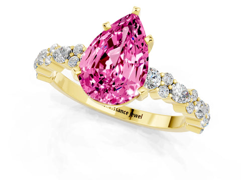 Yellow gold Pear Cut Pink Sapphire Solitaire with Side Stones, Pave Band, Four-Prong Setting_73