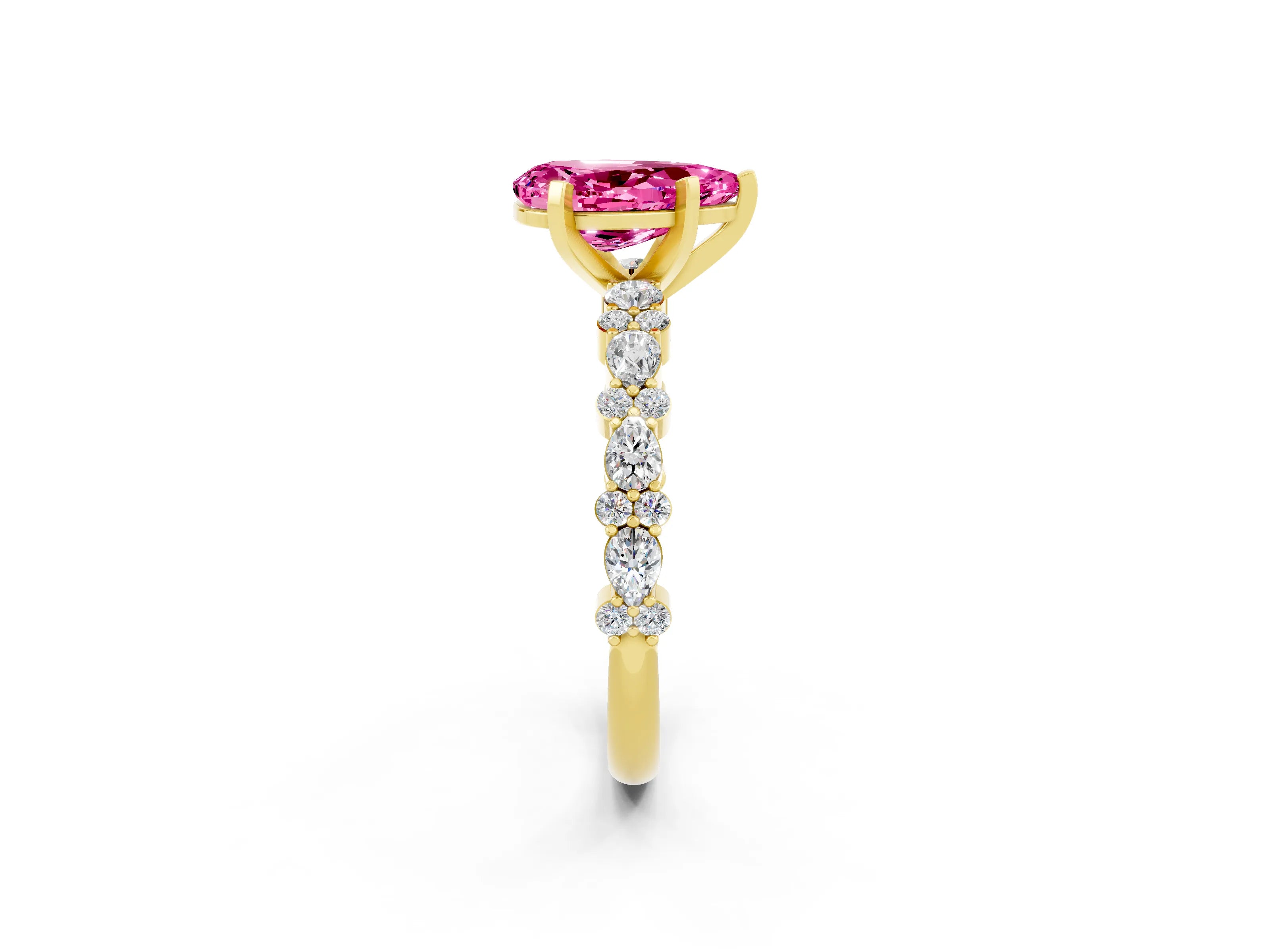 Yellow gold Pear Cut Pink Sapphire Solitaire with Side Stones, Pave Band, Four-Prong Setting_74