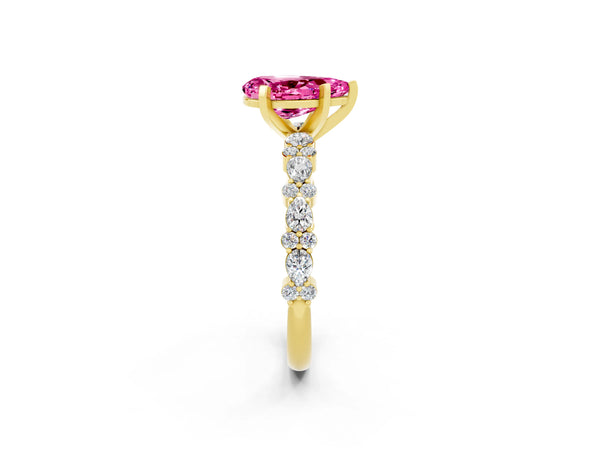 Yellow gold Pear Cut Pink Sapphire Side Stone Solitaire Ring with Round  and Four-Prong Setting