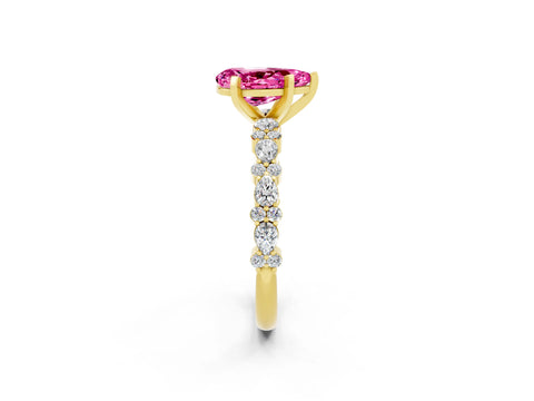 Yellow gold Pear Cut Pink Sapphire Solitaire with Side Stones, Pave Band, Four-Prong Setting_74